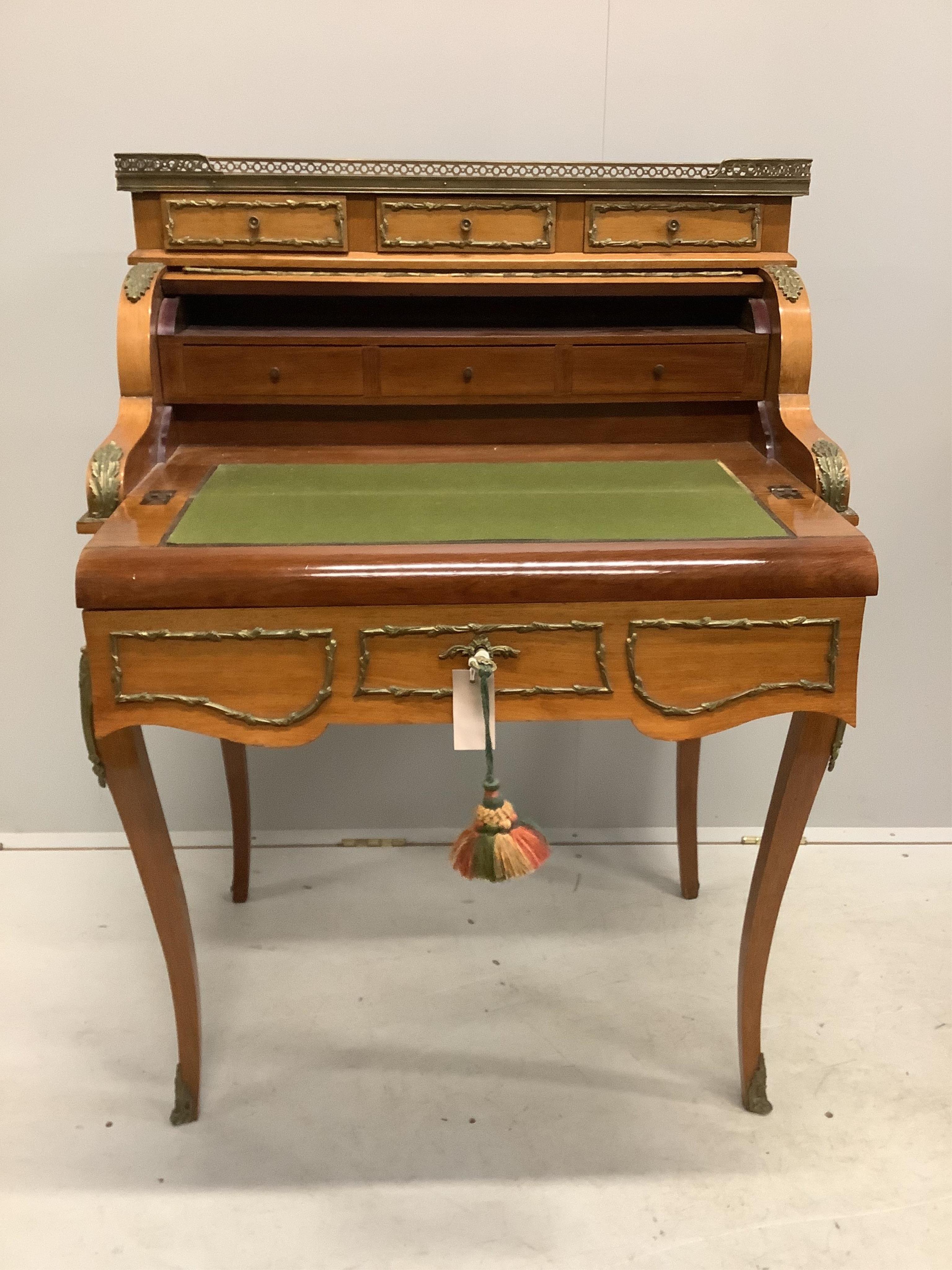 A reproduction Vernis Martin style gilt metal mounted mahogany bonheur du jour, width 76cm, depth 53cm, height 108cm. Condition - fair to good